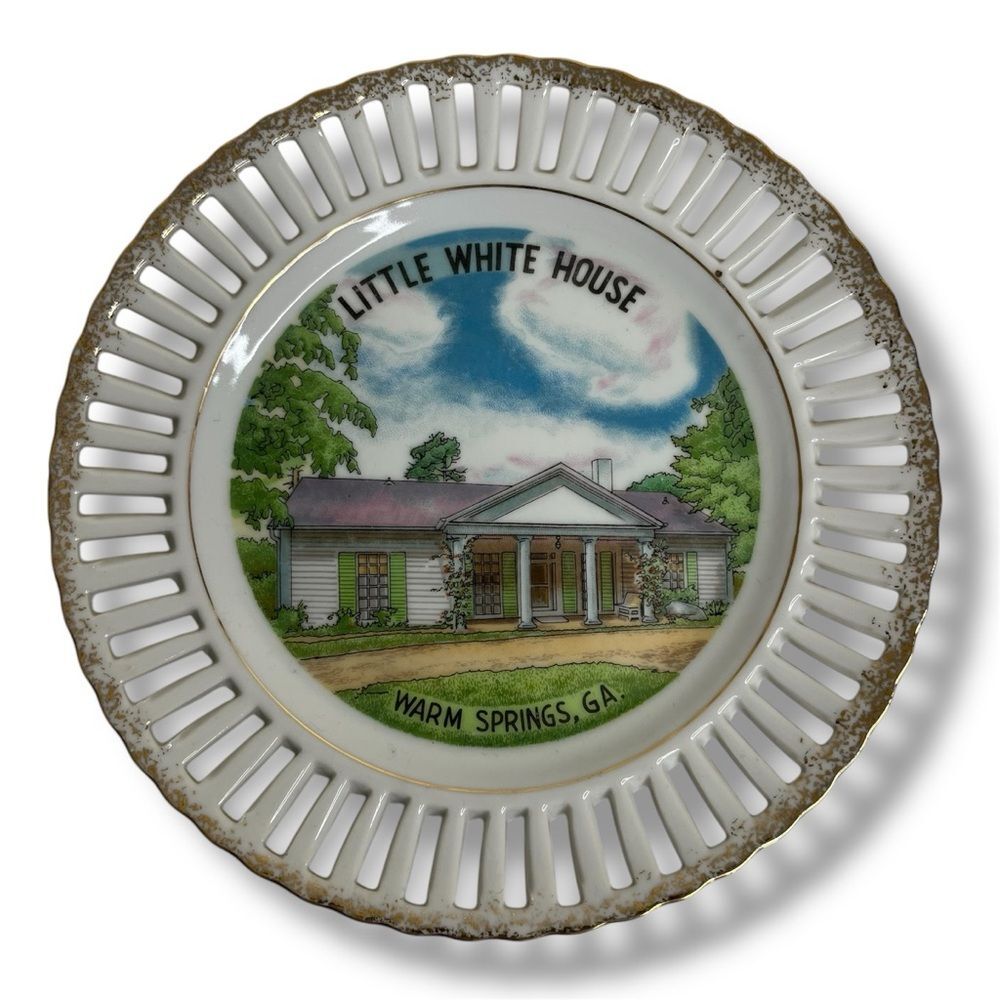 Vintage Little White House Gold Trim Ceramic Decorative Plate Warm Springs GA